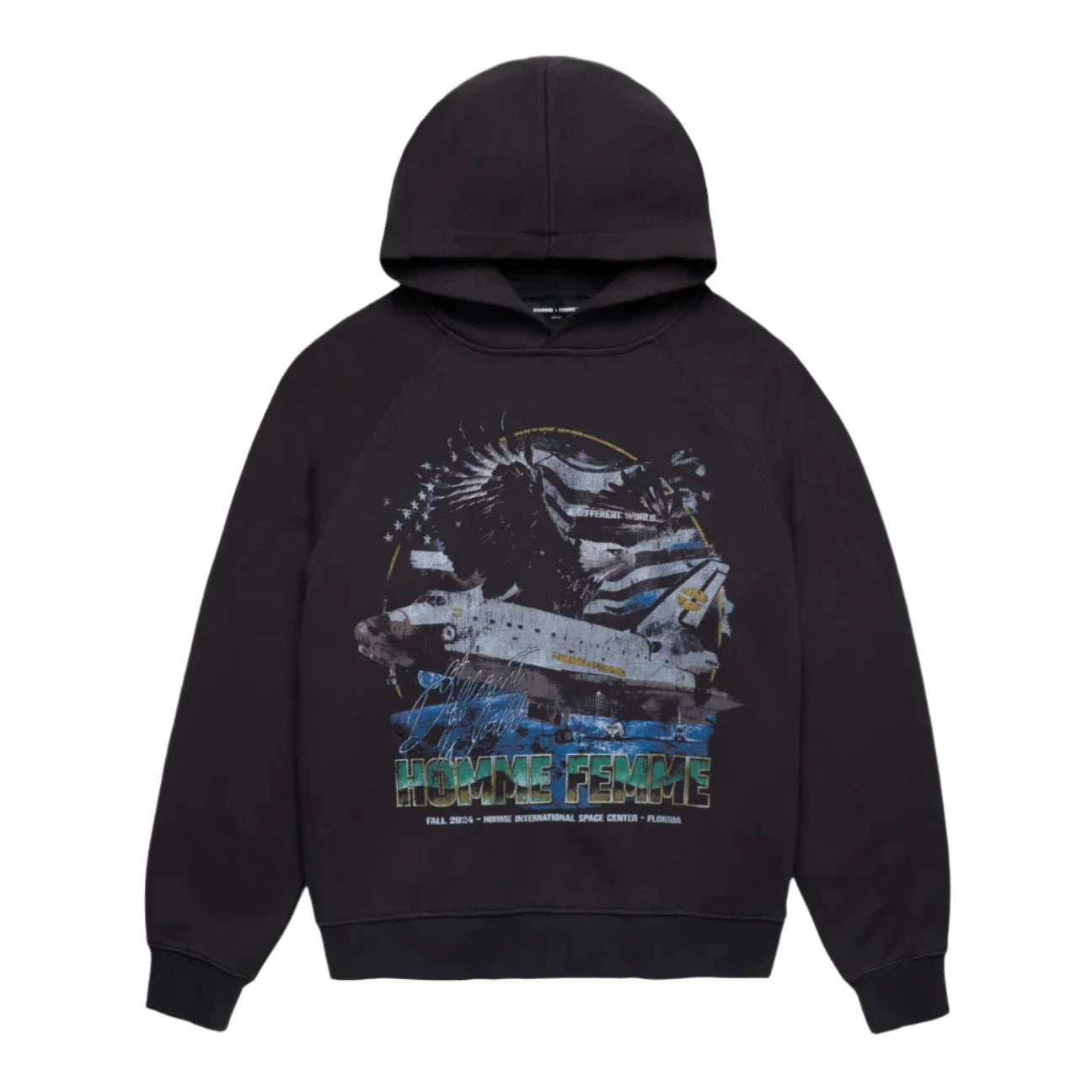 Homme Femme Space Ship Hoodie - Black