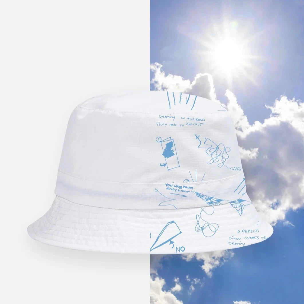 Paper Planes UV Sketch Print Packable Bucket Hat - White/Blue